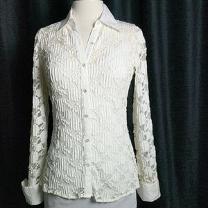 BCBG MAXAZRIA Sheer Mesh Lace Button Down Top S